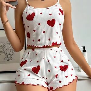 White and Red Heart Print Pajama Set